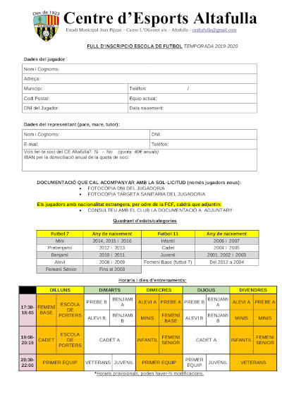 Full inscripció Escola Futbol CE Altafulla 2019/2020